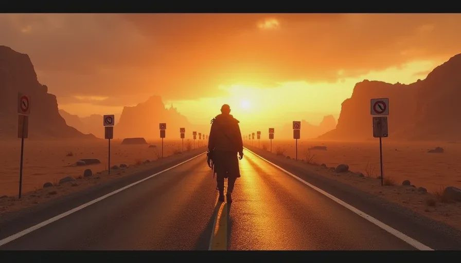Lone figure at a desert crossroads with distant faction symbols on the horizon