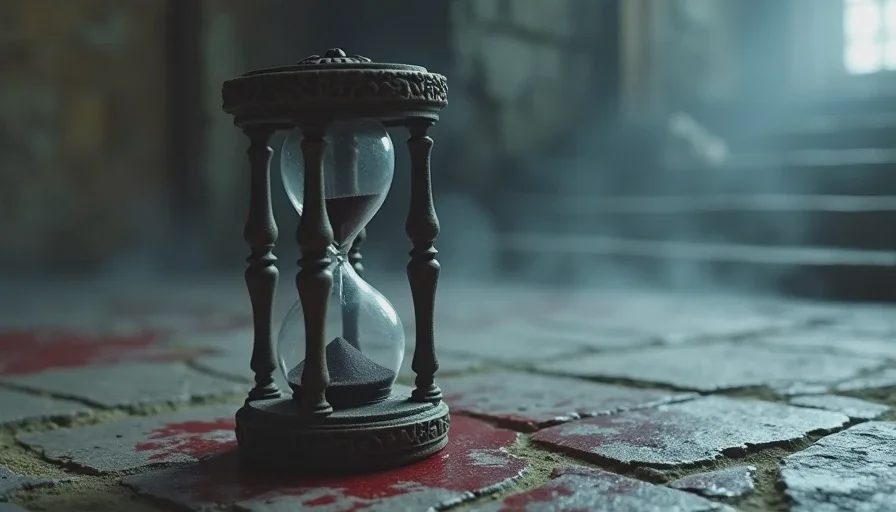 Nearly empty hourglass on a stone surface under dramatic light