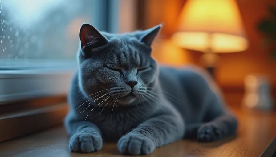 Gray shorthair cat resting on a desk beside a Steam Deck