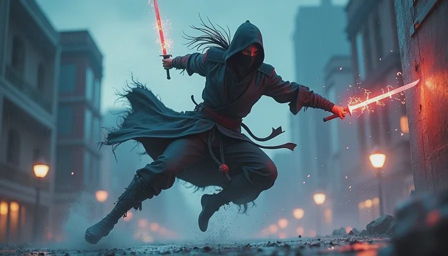Masked assassin mid-leap with glowing dual blades in heavy rain