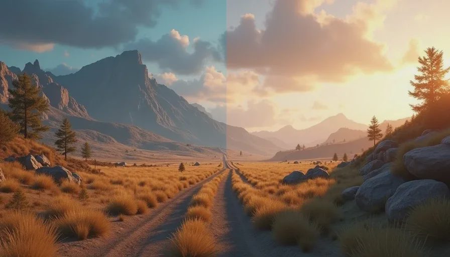 Side-by-side comparison of an open-world game environment before and after major updates