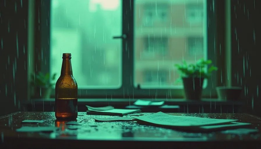 Rain-streaked window and cluttered detective desk under neon light