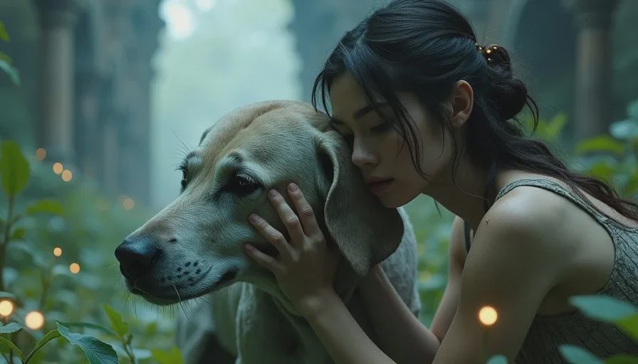 Emma and her dog Koo sharing a quiet moment in a blighted ruin