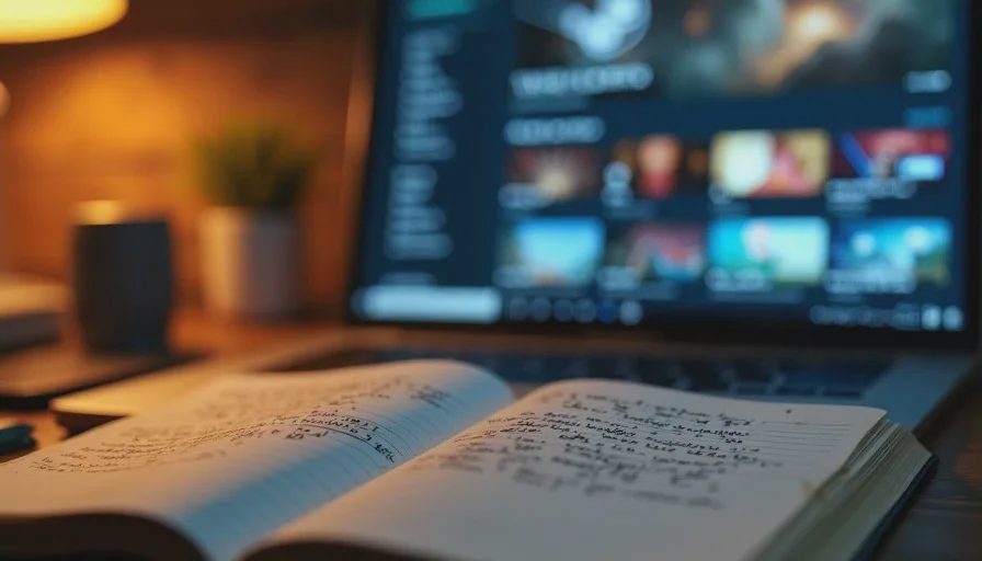 Notebook with revised handwritten notes about game patches next to a laptop