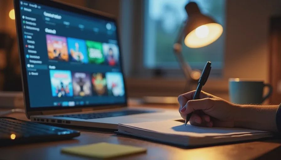 Writer’s hands and notebook under warm desk lamp with Steam library on laptop screen