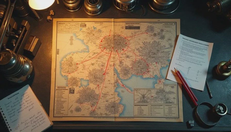Tactical map with hand-drawn bearings and calculation notes on a metal table