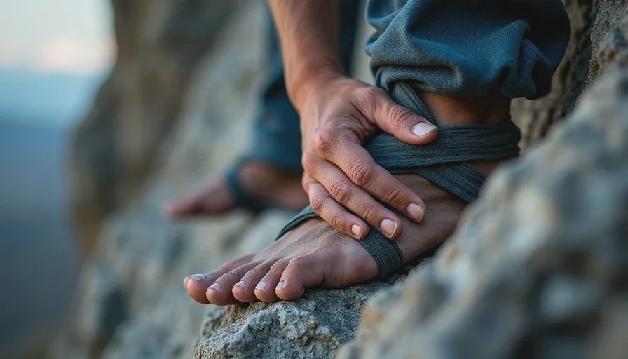 Climber’s limbs precisely positioned on minimal rock holds