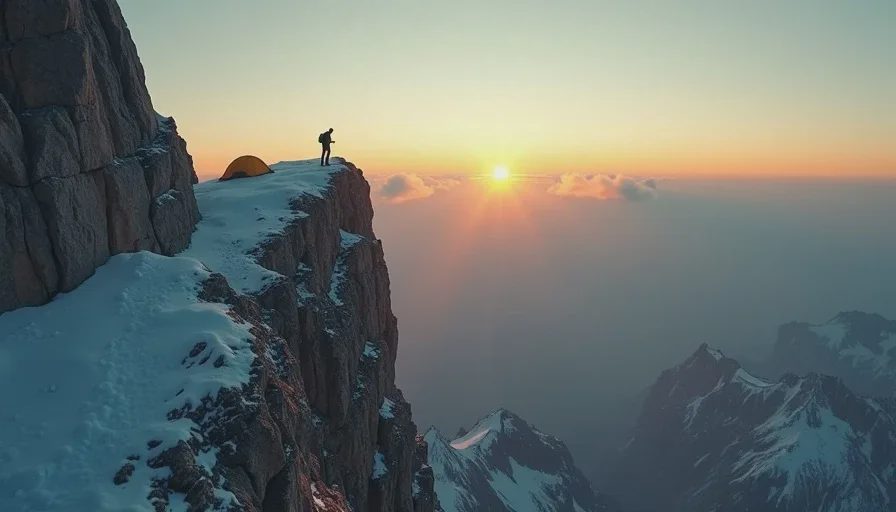Lone climber and tiny tent on the vast face of Mount Kami