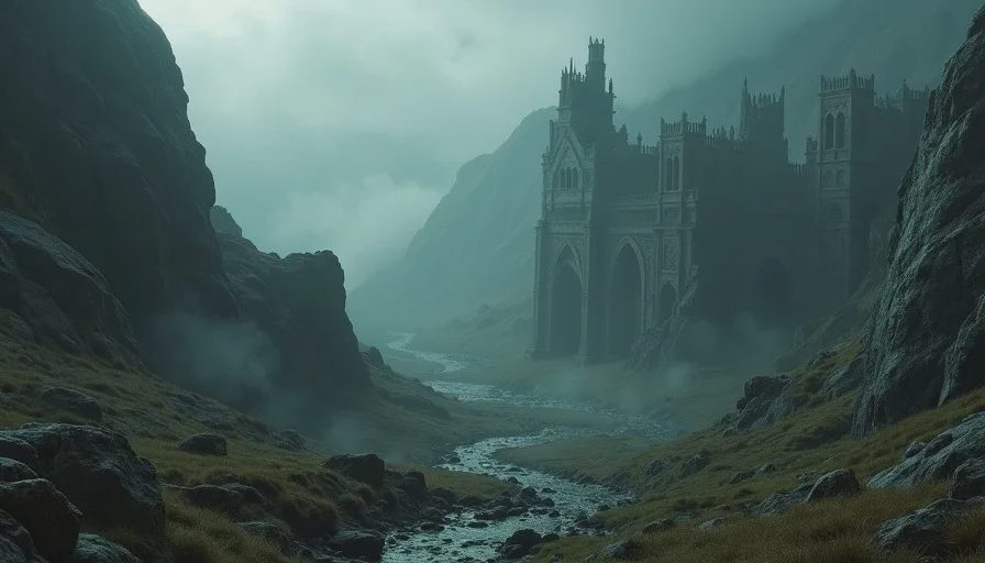Interconnected ravaged world with dungeons and landmarks under heavy sky