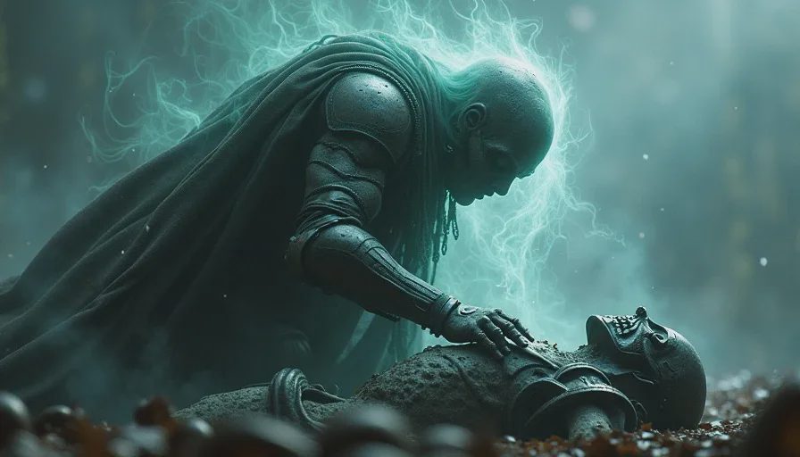 Harbinger possessing a warrior Shell amid dark fantasy ruins