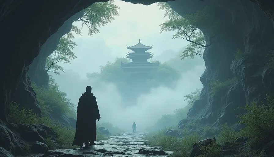 Distant temple framed by the landscape on a quiet mountain path