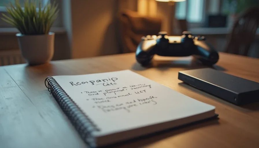 Notebook and controller after a long session with Cairn