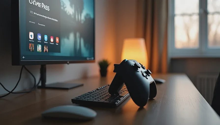The real skill is deciding what not to install Xbox controller beside a monitor showing the Game Pass library