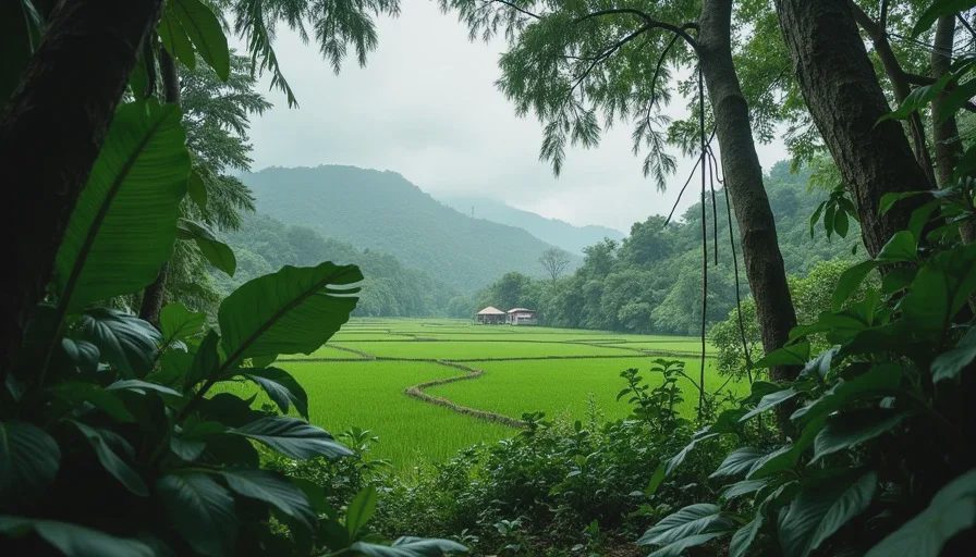 Most of the war happens in the spaces you cannot clearly see Looking out from thick jungle cover toward an open paddy and distant structures