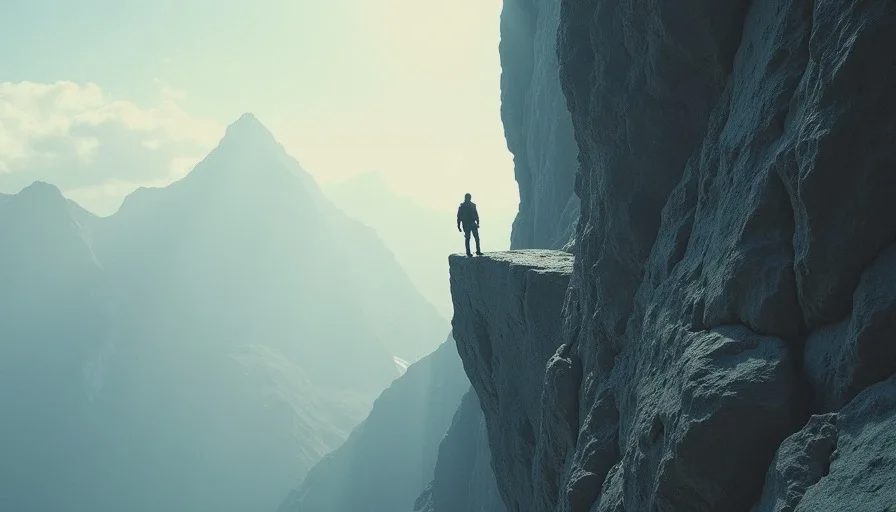 Climber resting on a high ledge, staring up the remaining face of the mountain