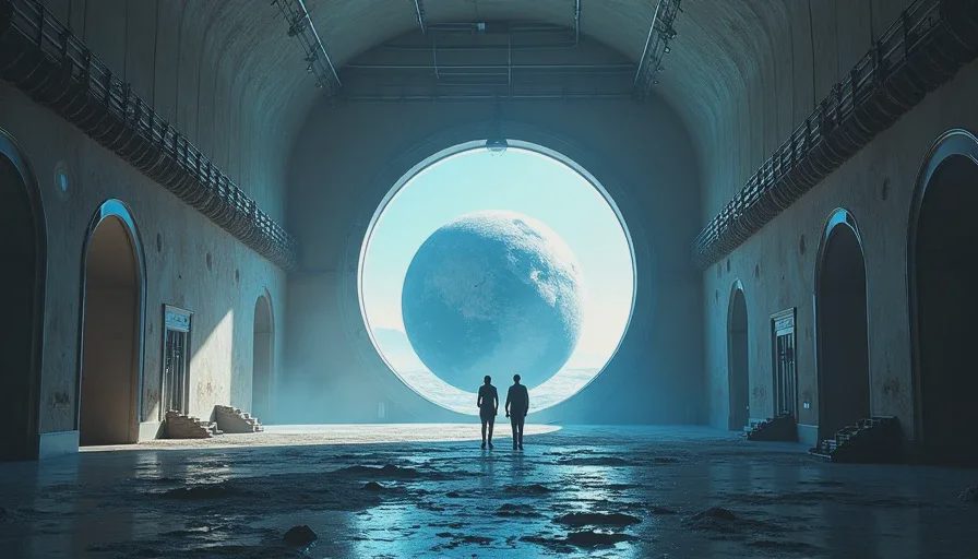 Hugh and Diana crossing a massive empty lunar facility with Earth in the background