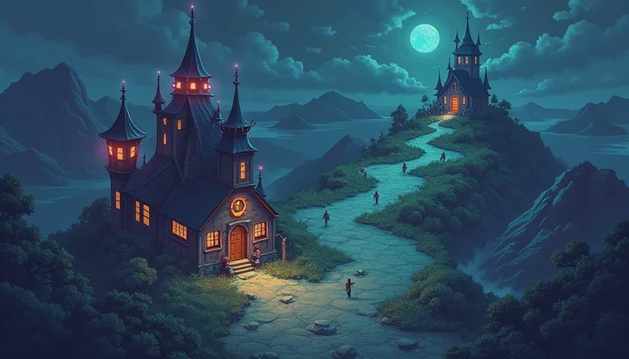 Overview of the central village on Tenebrous Isle under night sky