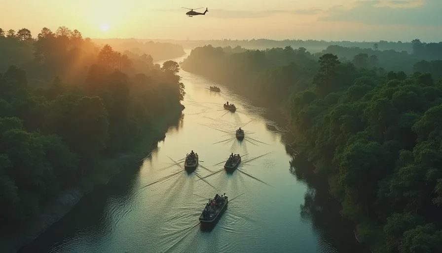 When the air and water assets actually change the shape of the fight River crossing under helicopter support with infantry advancing through the tree line