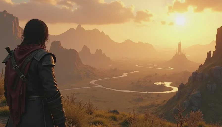 Character overlooking a beautiful but icon-filled open world at dusk
