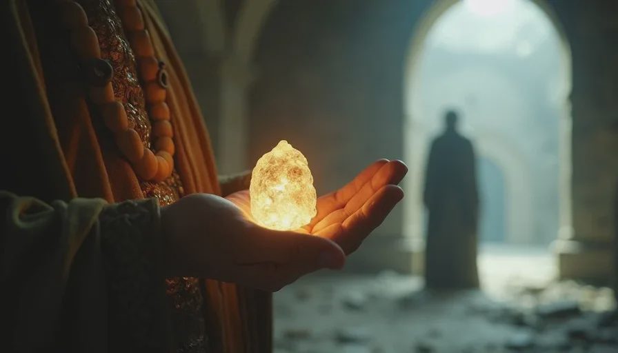 The Destined One examining one of the recovered relics in a quiet moment